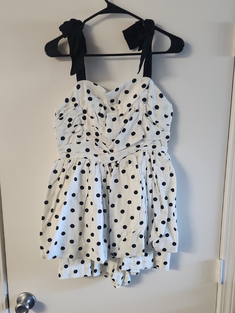 En Saison White Polka Dot Romper with Black Ties